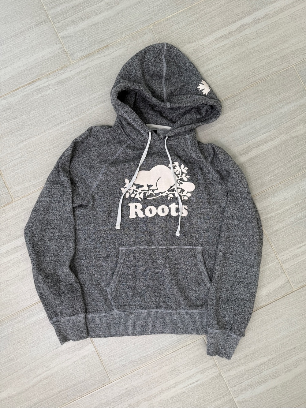 Roots Charcoal Gray Hoodie with White Beaver Logo